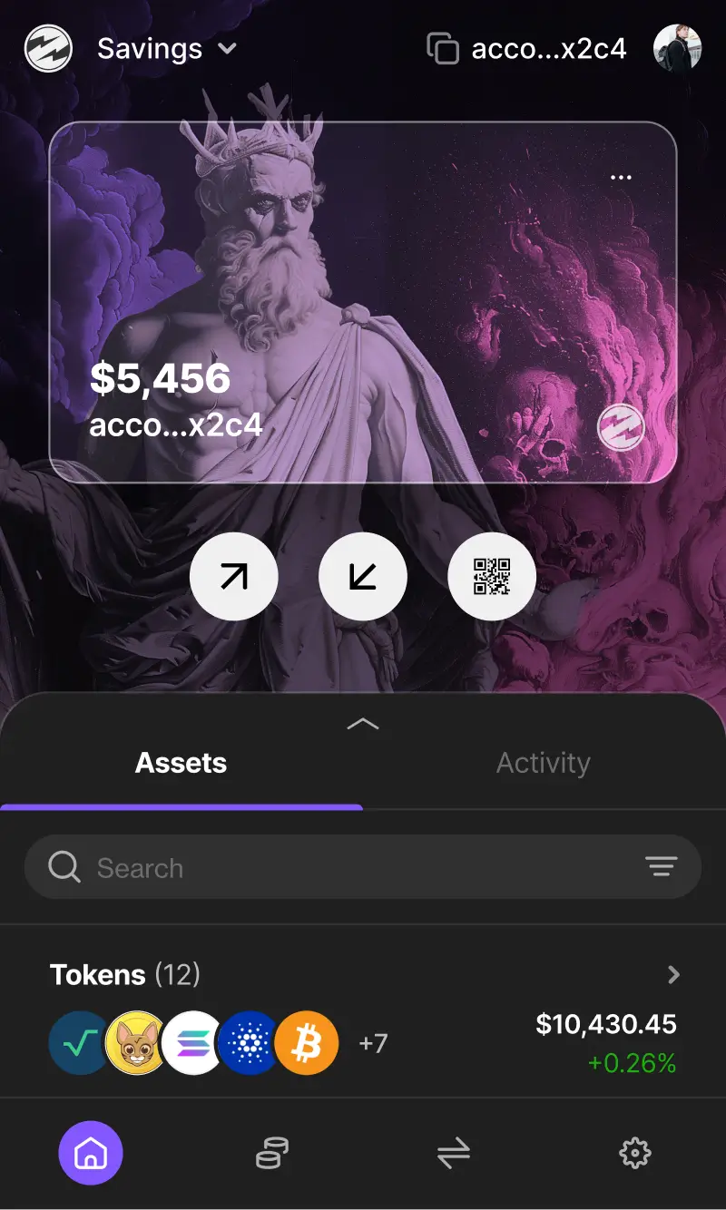 Z3US wallet main interface displaying portfolio overview and navigation
