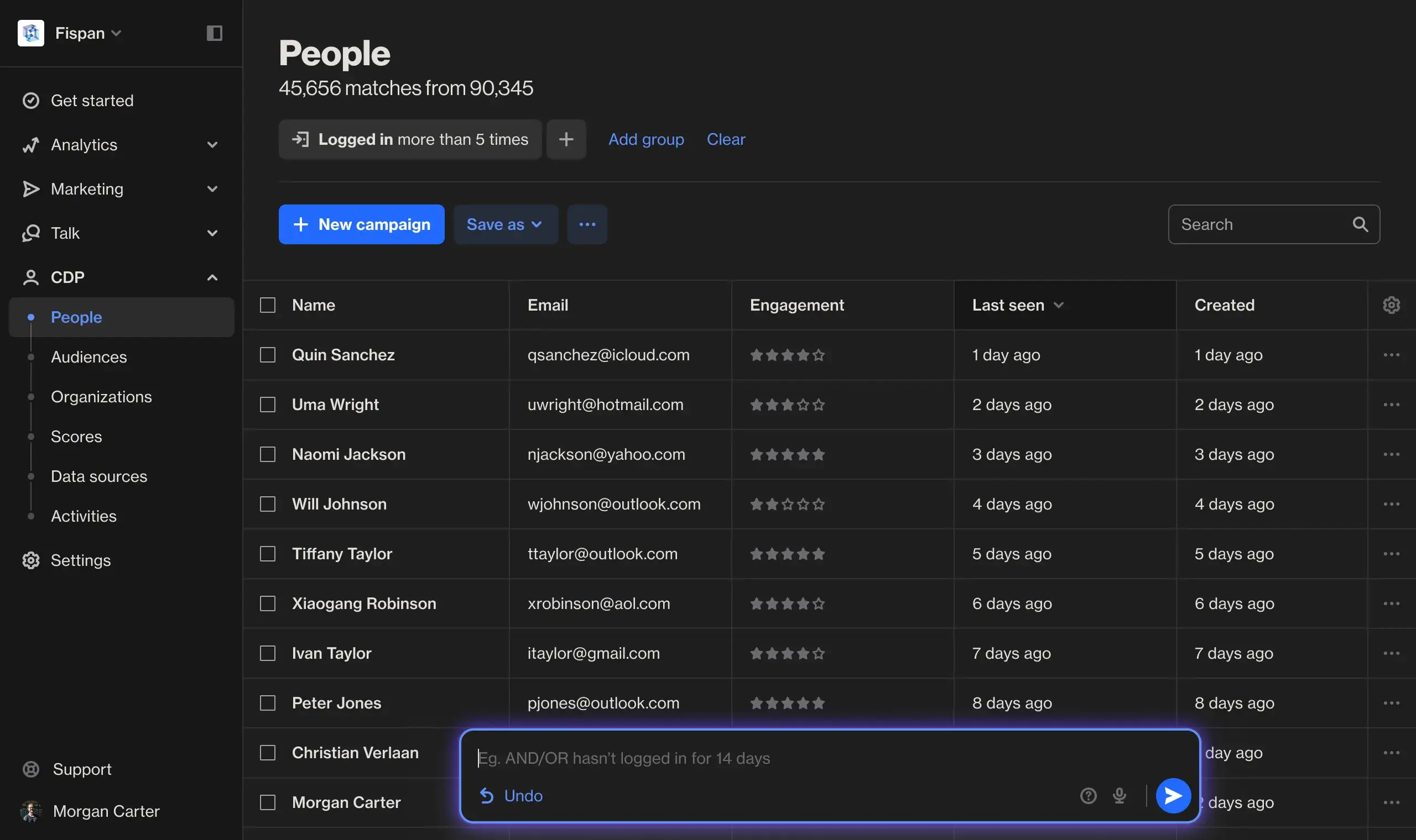 Ortto customer data platform interface in dark mode showing comprehensive data management features
