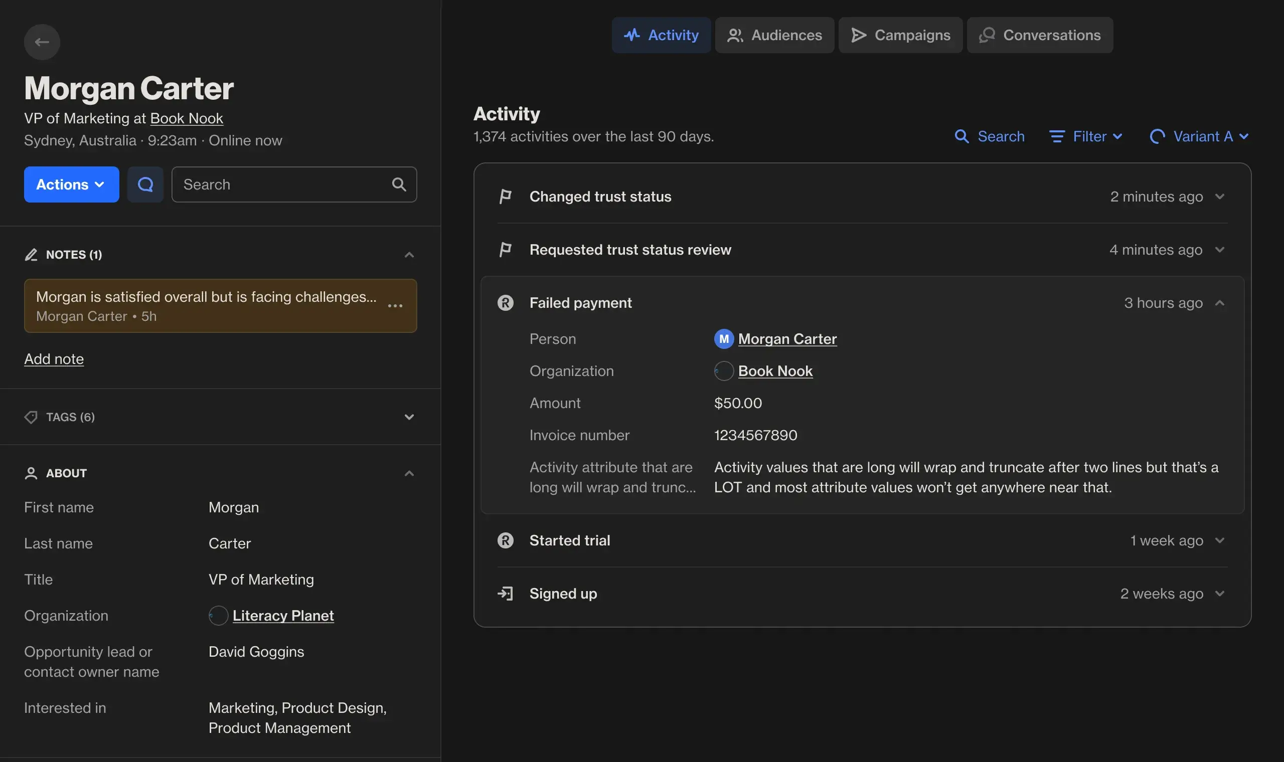 Ortto customer profile interface in dark mode showing detailed customer data and analytics