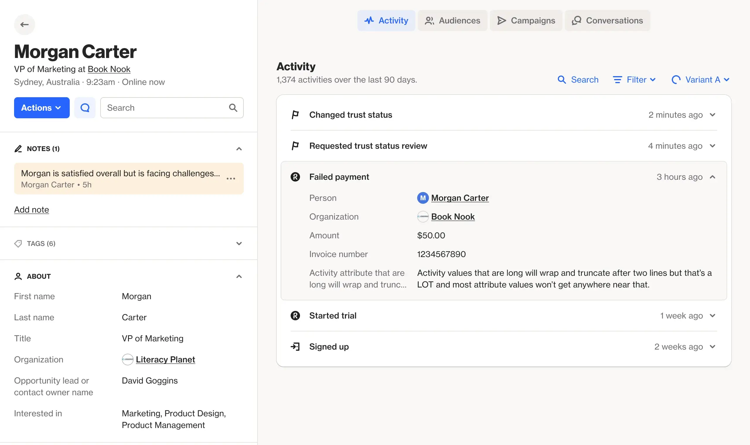 Ortto customer profile interface showing detailed customer data and analytics
