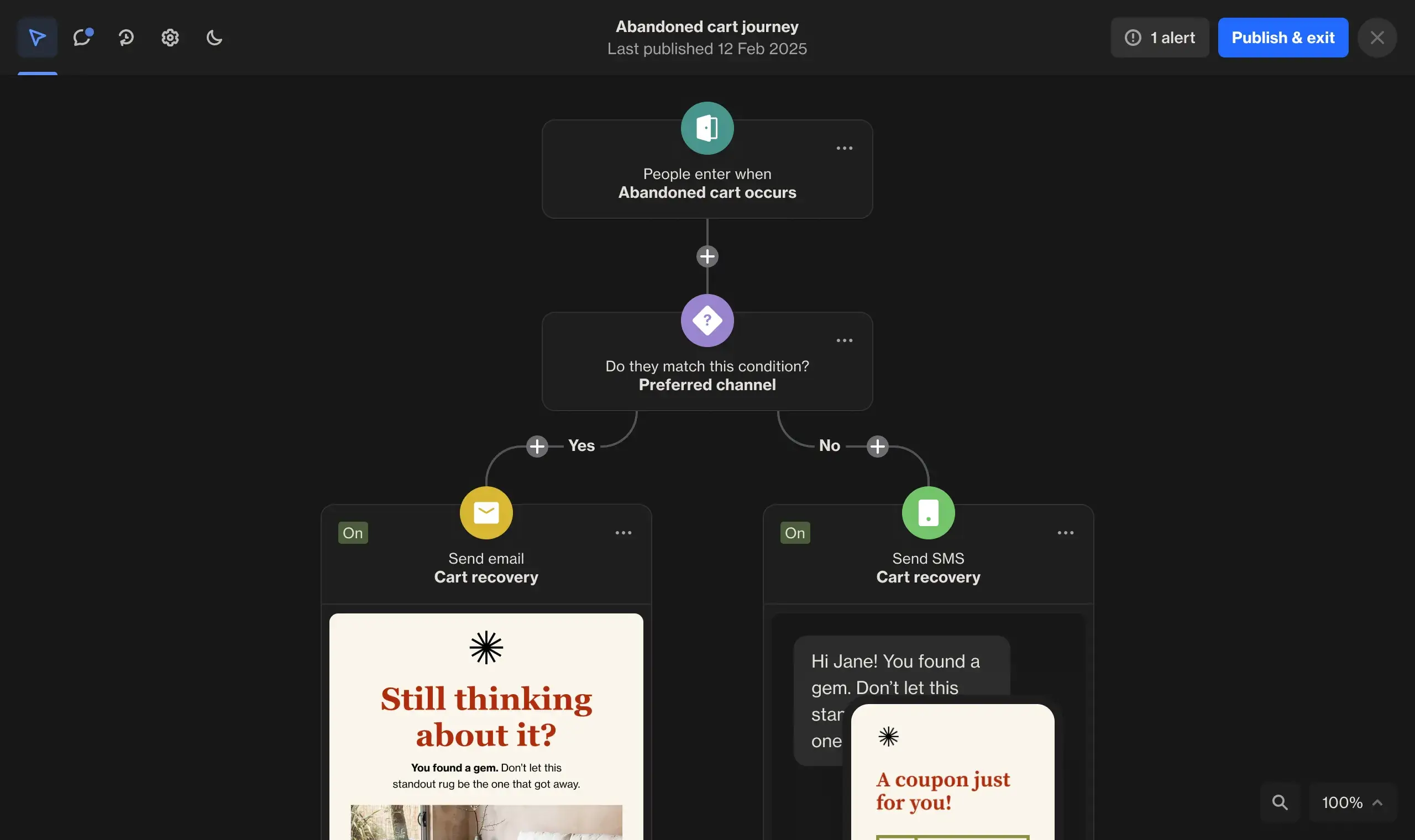 Ortto platform interface in dark mode showing journey builder and marketing automation features