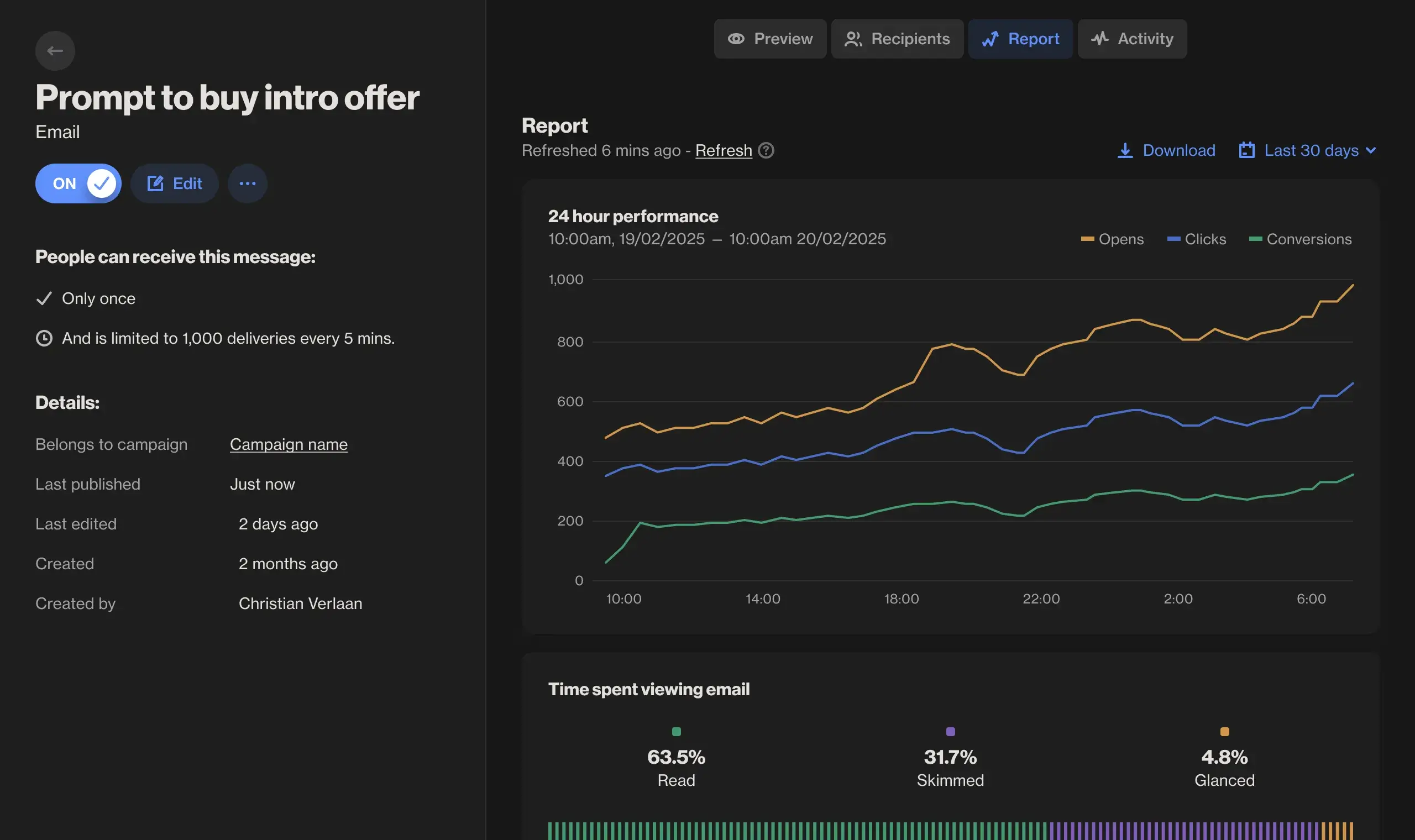 Ortto journey builder interface in dark mode showing marketing automation workflow design