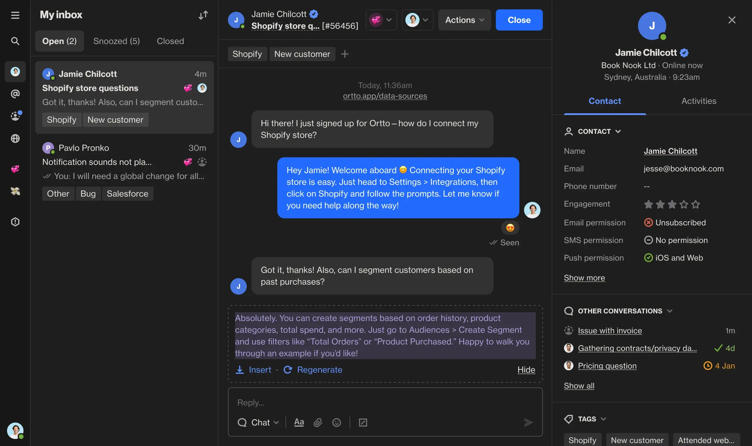 Ortto talk integration interface in dark mode showing customer communication features