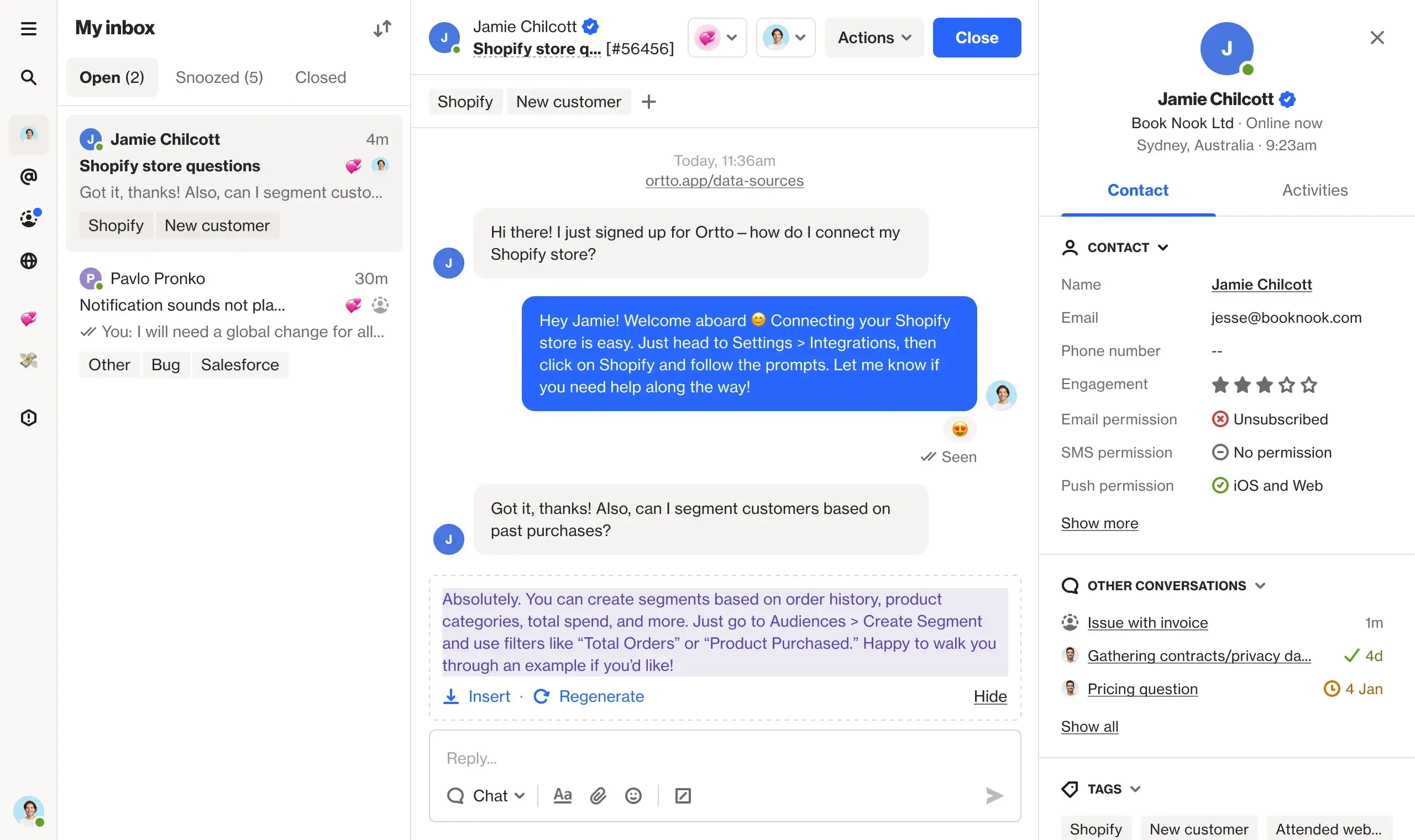 Ortto talk integration interface showing customer communication features