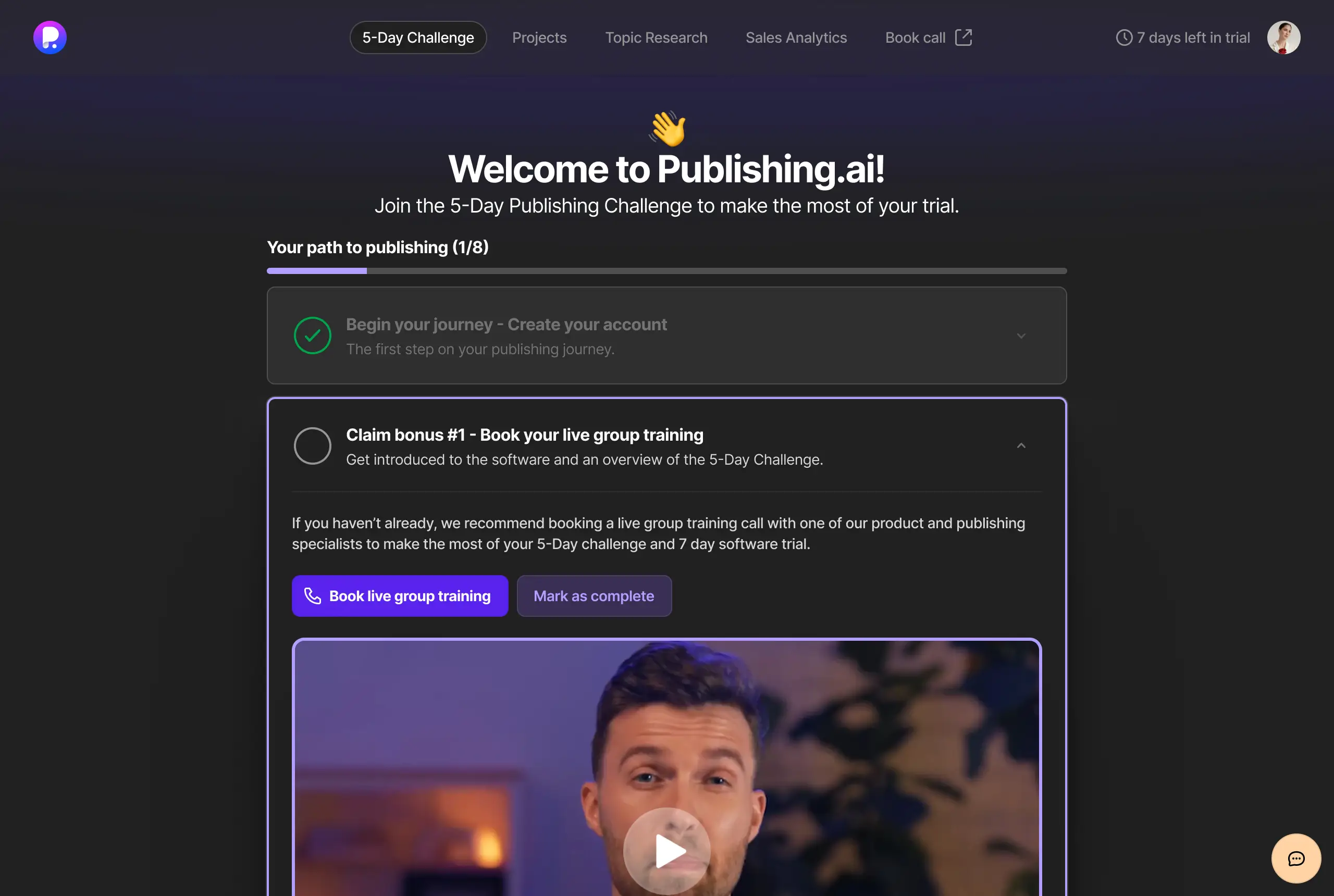 Publishing.com platform interface in dark mode showing the redesigned book builder and analytics dashboard