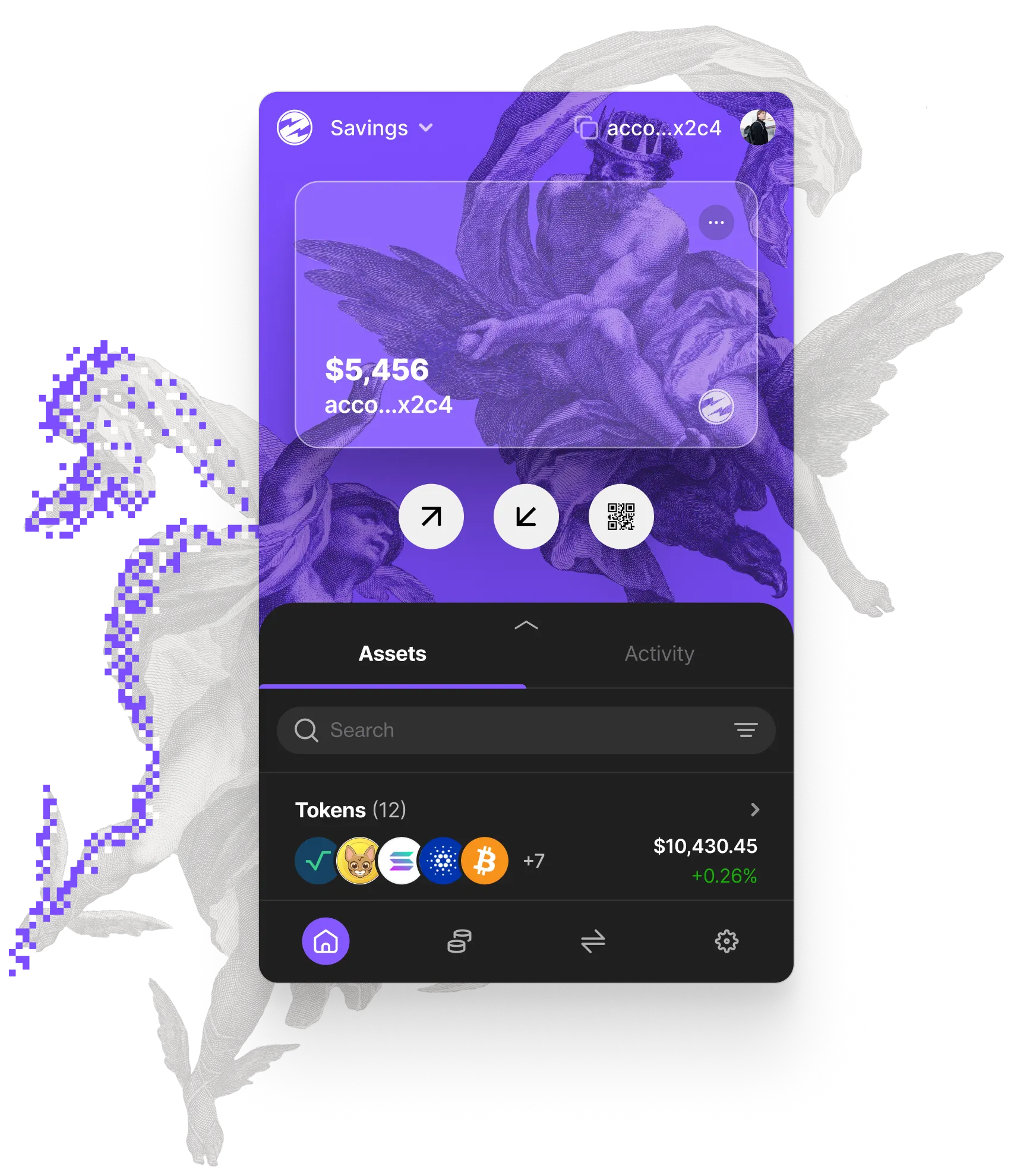 Z3US wallet interface showing the main dashboard with transaction history and asset balances